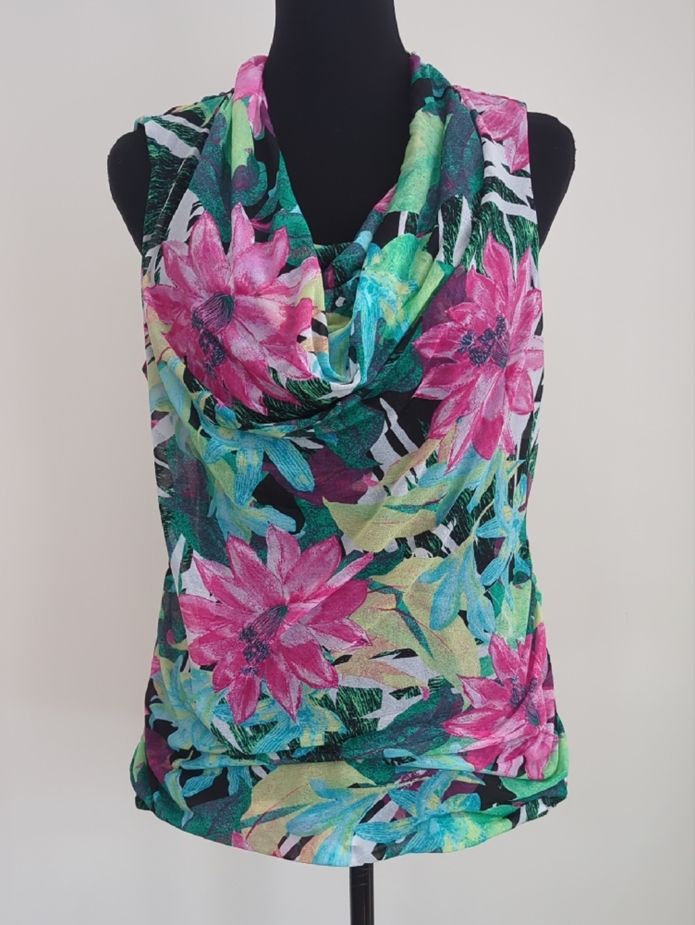 Dana Buchman Tropical Floral Cowl Neck Sleeveless Ruched Blouse Top Large LARGE